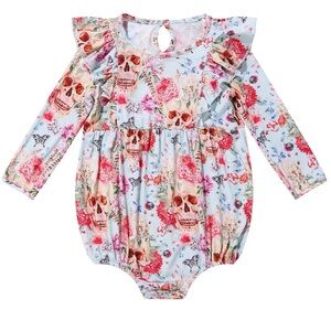Milk+Coco “Maeve” Floral Skelton Ruffle Long Sleeve Baby Romper